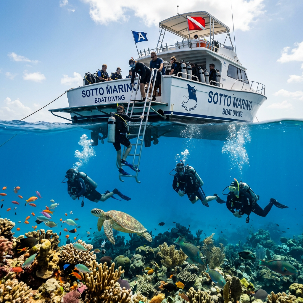 Scuba divers descending from a boat into clear ocean water above a colorful coral reef with fish and a sea turtle